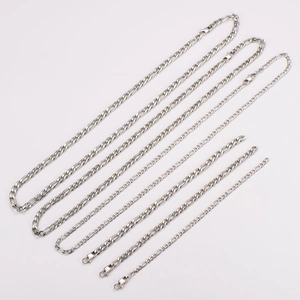 Silver stainless steel Figaro chain necklaces in various lengths on white background