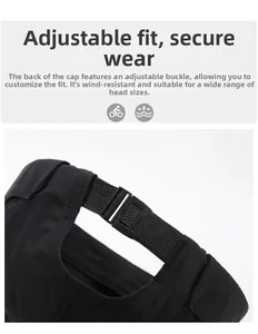 Detail of adjustable elastic buckle on breathable black brimless dockers hat for men