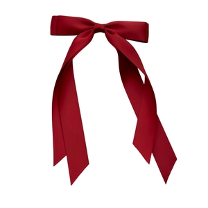 Double-layered wine red satin bow hair clip with long ribbons on a white background
