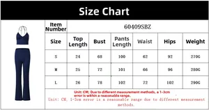 Detailed size chart for women's slim fit backless set including top and pants dimensions