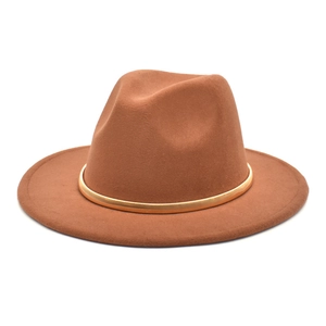 Classic caramel wool fedora hat with wide brim and elegant gold metal ring band