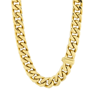 Polished gold stainless steel Cuban link chain necklace with secure square clasp for men