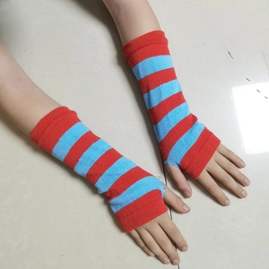 Detail of red and blue striped knitted fingerless arm sleeves for cosplay costume