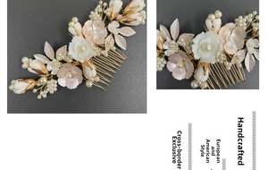 Detail of bridal hair comb with ceramic flowers, faux pearls and golden metal leaves