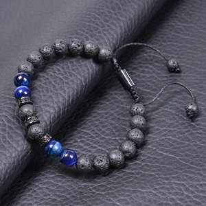 8mm Blue Tiger Eye and Lava Stone beaded bracelet with adjustable woven drawstring strap