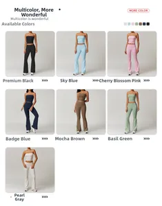 Vue détaillée de sept couleurs Morandi de l'ensemble de yoga avec haut et pantalon évasé