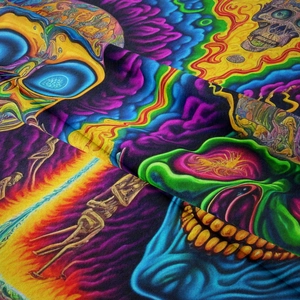 Detailed view of mushroom skull tapestry fabric showing neon psychedelic art and soft texture