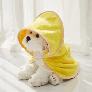 Absorbent microfiber dog drying towel robe with hood in vibrant yellow for small pets