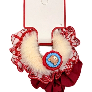 Polka dot plush scrunchie with cute bear pendant and red checkered fabric lace