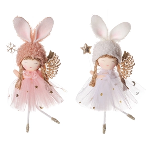 Pink and white plush angel bunny hanging ornaments with sparkling wings and sequins