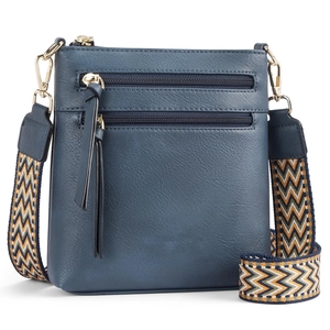 Borsa a tracolla blu scuro in pelle grana con tracolla jacquard e nappe decorative