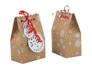 Kraft paper Christmas gift bag with snowman tag and red polka dot ribbon detail