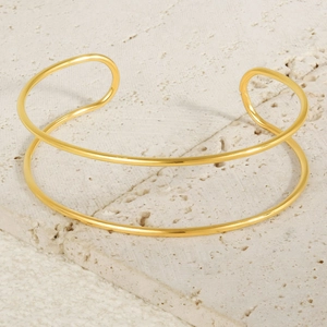 Minimalist double-layered 18k gold plated stainless steel open cuff bracelet for women