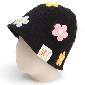 Handmade Crochet Flower Bucket Hat Cotton Knit Warm Winter Windproof Sweet Pastoral Style For Women