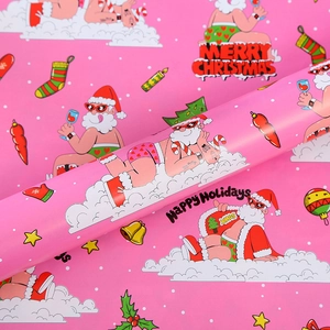 Funny pink Christmas wrapping paper with cartoon Santa in sunglasses and holiday motifs