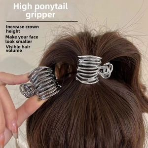Silver metal spiral hair claw clip detail for high ponytail support and fixing