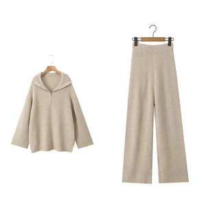 Women Knit Quarter Zip Sweater And High Waist Wide Leg Pants Ribbed Long Sleeve Top Casual Lounge Outfit