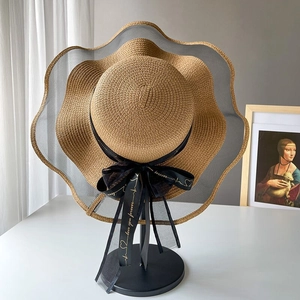 Women's Wide Brim Straw Hat Elegant Bowknot Ribbon Sun Protection Summer Beach Foldable Mesh Patchwork Embroidered Sun Hat