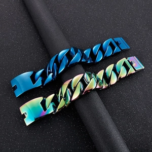 Detail view of dark blue and rainbow plated thick Cuban link bracelets with secure clasps