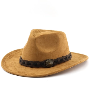 Western style camel faux suede jazz hat with woven band and vintage metal star badge