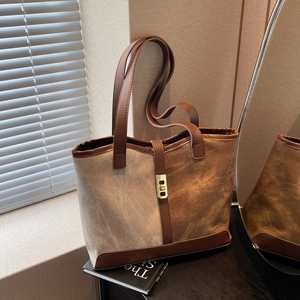 Large Capacity Tote Bag For Women Color Block PU Leather Canvas Stitching Retro Shoulder Bag For Office Commuting Simple