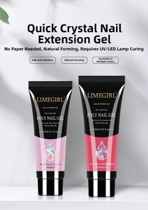 Detail of 15ml poly nail gel tubes in shimmering pink colors with UV LED lamp curing info