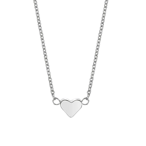 Detailed close-up of a minimalist silver heart pendant on a polished metal chain link
