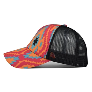 Detail of colorful geometric mesh ponytail baseball cap with breathable trucker style