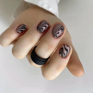 Matte Press On Nails Black Wave Pattern False Nails With Silver Glitter Elegant Ins Style For Women