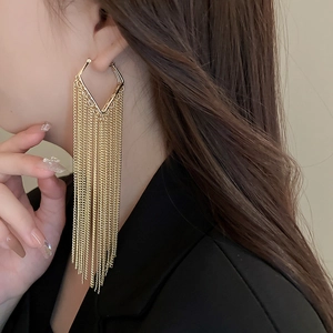 Close-up of golden geometric tassel earrings with long metallic chains on a model