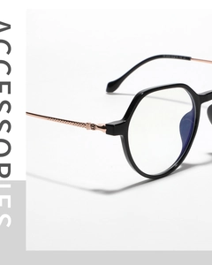 Detail of TR90 geometric frame with metallic hinges and anti-blue light lenses