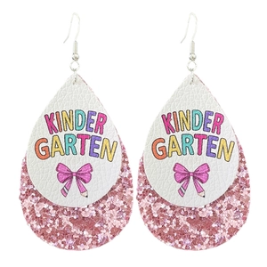 Faux leather double layer teardrop earrings featuring Kindergarten print and pink sequins