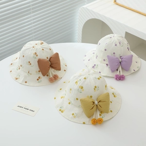Kids fruit print bucket hats with large bows in brown, purple and yellow sets