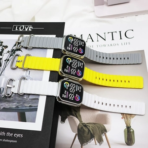 Modern LED digital sports watch with ripple silicone strap in grey, yellow and white colors