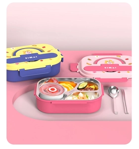Detail view of SUS316 stainless steel divided lunch box with cartoon corgi and cutlery set