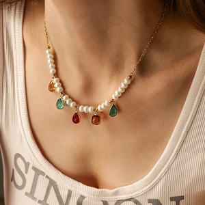 Stainless steel pearl necklace featuring colorful gemstone drop pendants for women