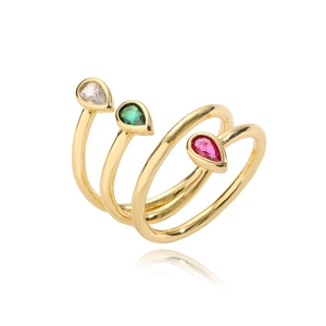 Three-layer spiral gold ring featuring white green and pink teardrop-shaped gemstones