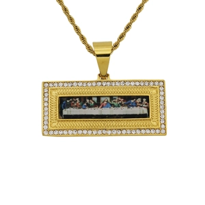 Gold stainless steel Last Supper rectangular pendant with crystals and twist chain necklace