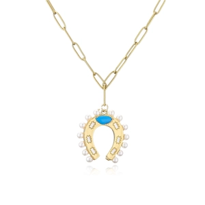 Gold horseshoe necklace with blue gemstone and white pearls on long link chain