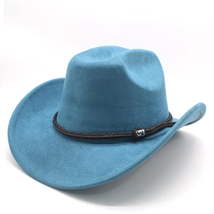 Detail of blue faux suede cowboy hat showing the brown braided band and silver metal buckle