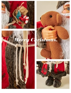 Detail shots of Santa Claus figurine with white beard, teddy bear and gift bag accessories