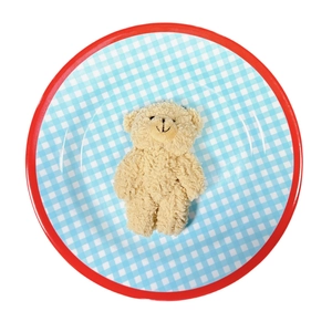Plush Christmas bear with blue checkered plate for festive holiday cake decoration