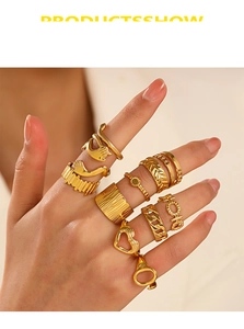Close-up of set of irregular geometric 18k gold plated stainless steel rings on hand