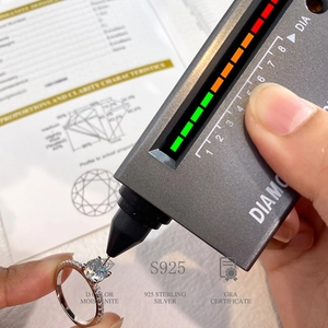Diamond tester probe on D color Moissanite ring with GRA certificate detail