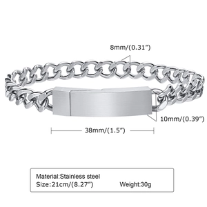 Detail view of stainless steel bracelet dimensions including chain width and plate size