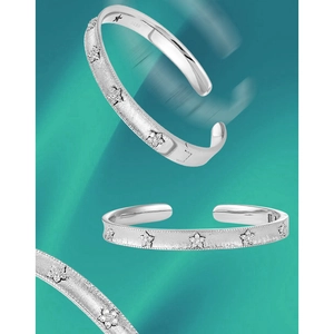 S925 sterling silver open bangle with matte frosted finish and starry flower design