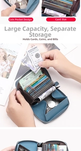 Blue leather accordion wallet detail showing card slots, zipper pocket and RFID protection