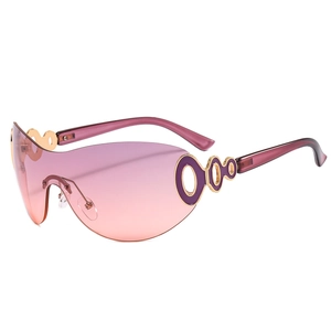 Y2K rimless sunglasses with pink purple gradient lenses and gold hollow metal ring detail
