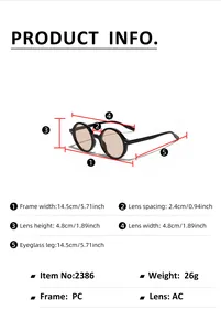 Detailed size chart for retro round sunglasses with precise lens and frame measurements