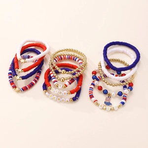 Detail of USA Flag themed multi-layer beaded bracelets with star and boot charms